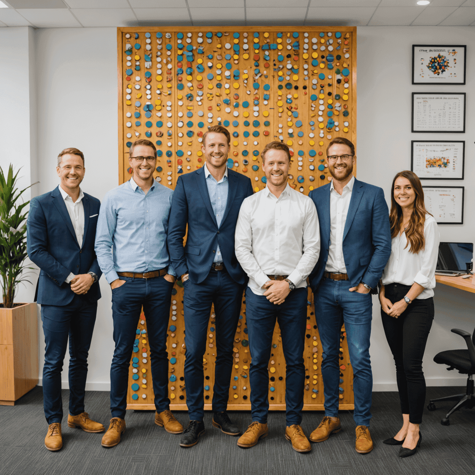 The plinko-play.com team standing in front of a large custom Plinko board in their Australian office. The team members are diverse, smiling, and wearing casual business attire. The office background shows a modern, open space with Plinko-themed decorations.