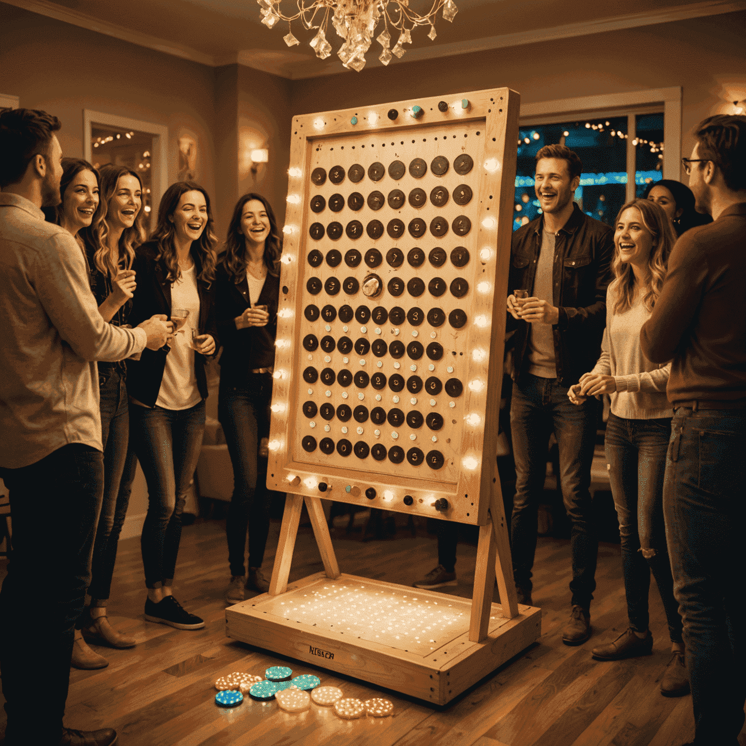 A Plinko board set up at a lively party, with people gathered around cheering as a player drops a disc. The board is brightly lit and decorated, matching the festive atmosphere of the room.