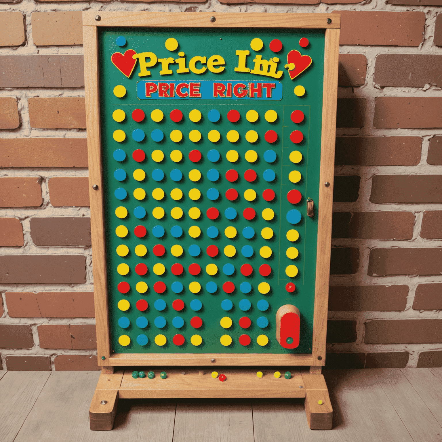 A classic Plinko board from 'The Price is Right' TV show, with colorful pegs and money slots at the bottom