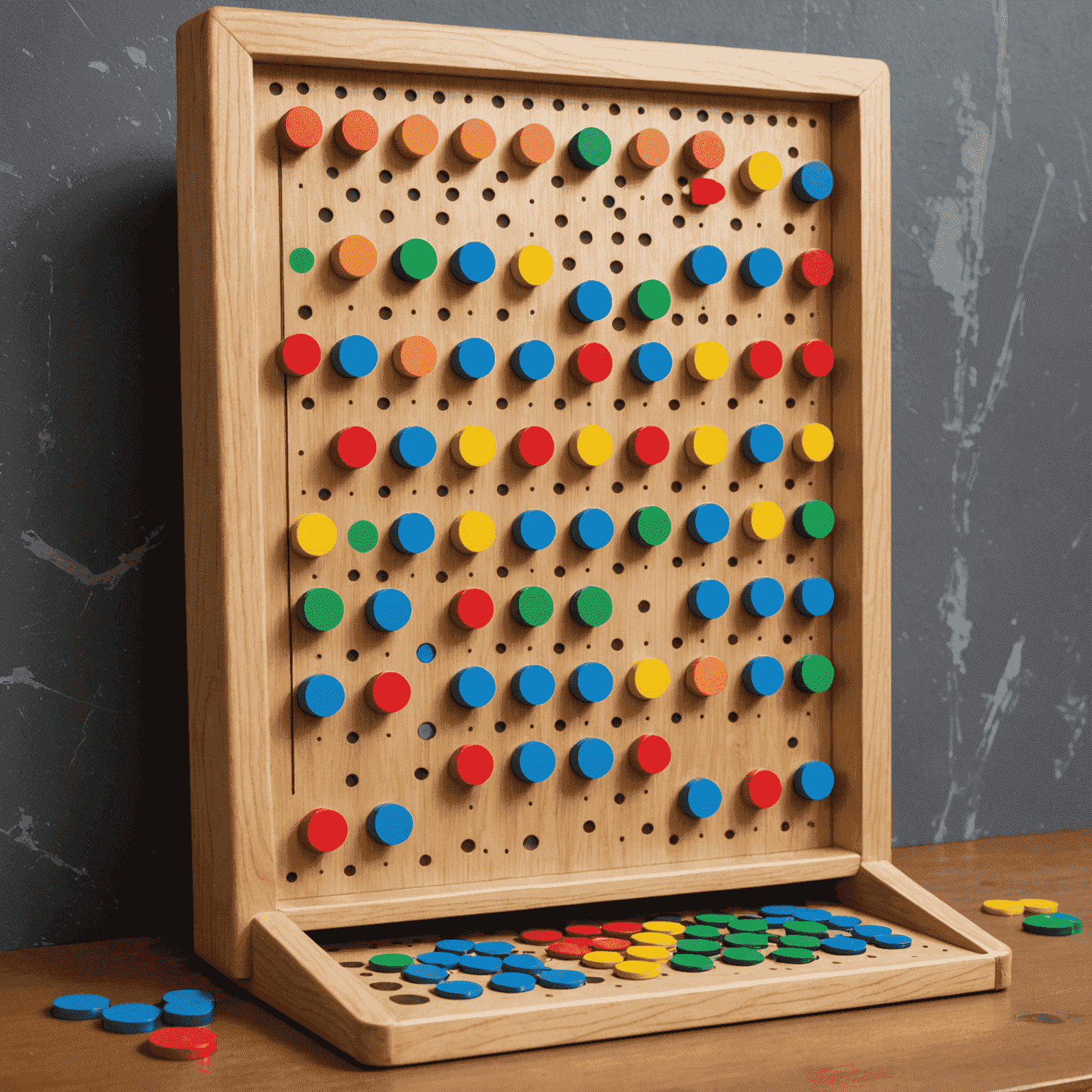 A Plinko board with multiple pegs and a chip falling through, demonstrating the game's mechanics and potential winning paths