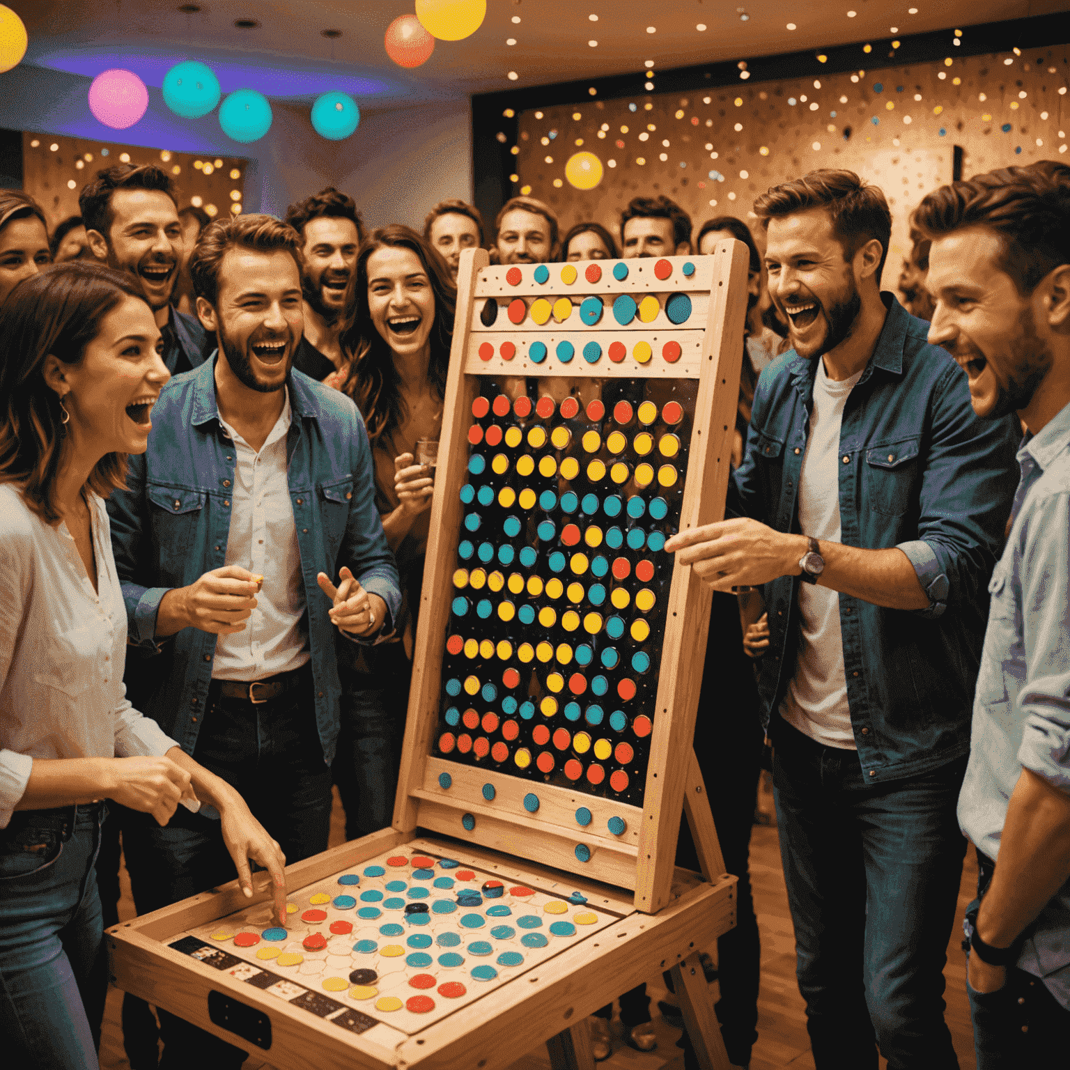 A group of people playing a large Plinko board at a party, with colorful chips and excited expressions