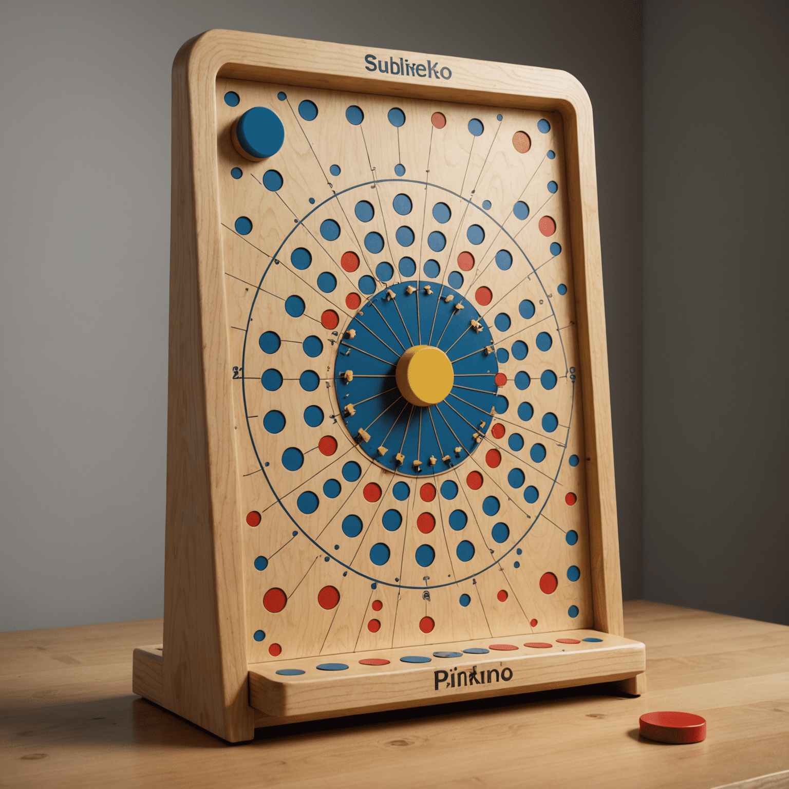 A Plinko board with a disc in mid-bounce, showcasing the trajectory and potential energy conversion