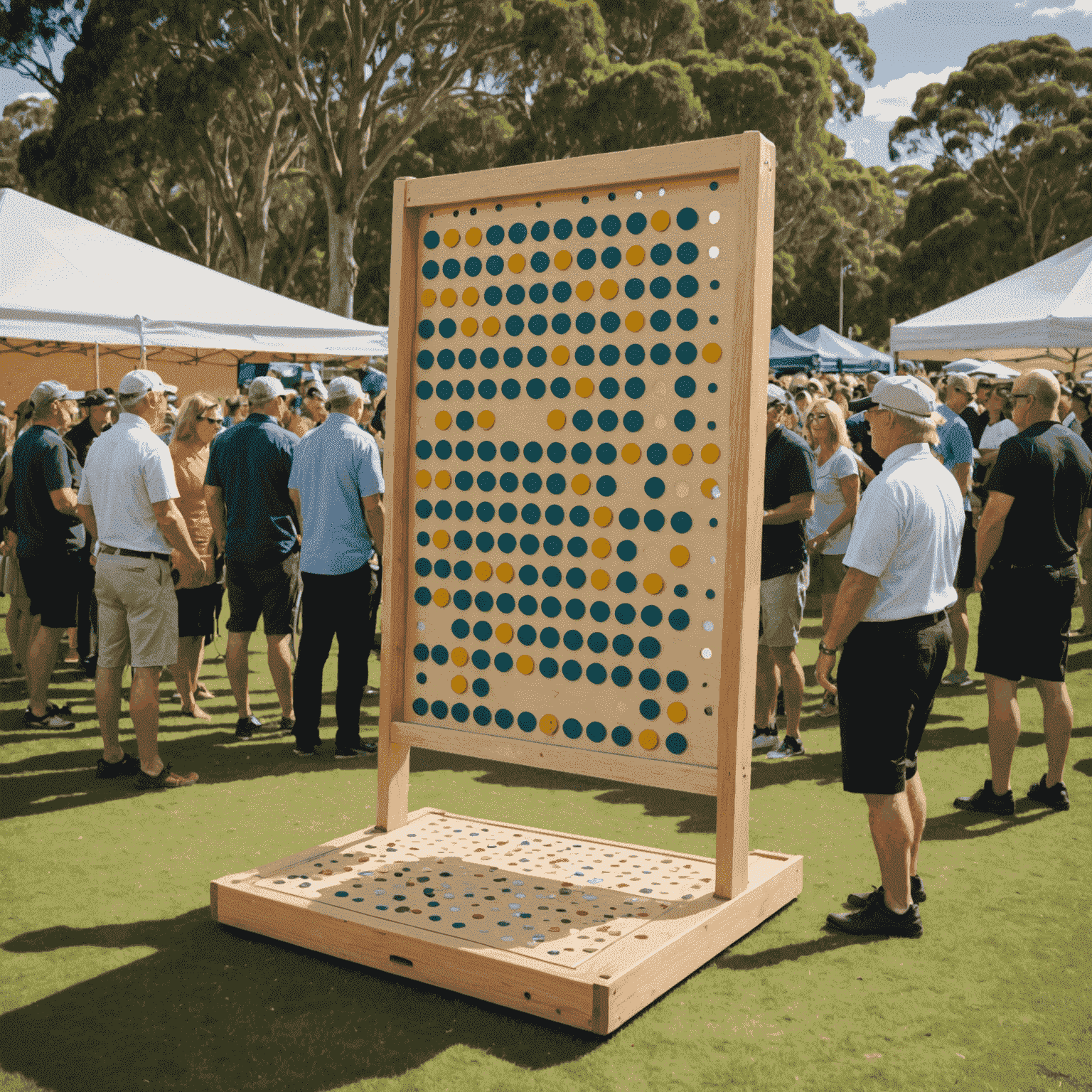 A large Plinko board set up at an Australian community event, with excited participants and onlookers gathered around