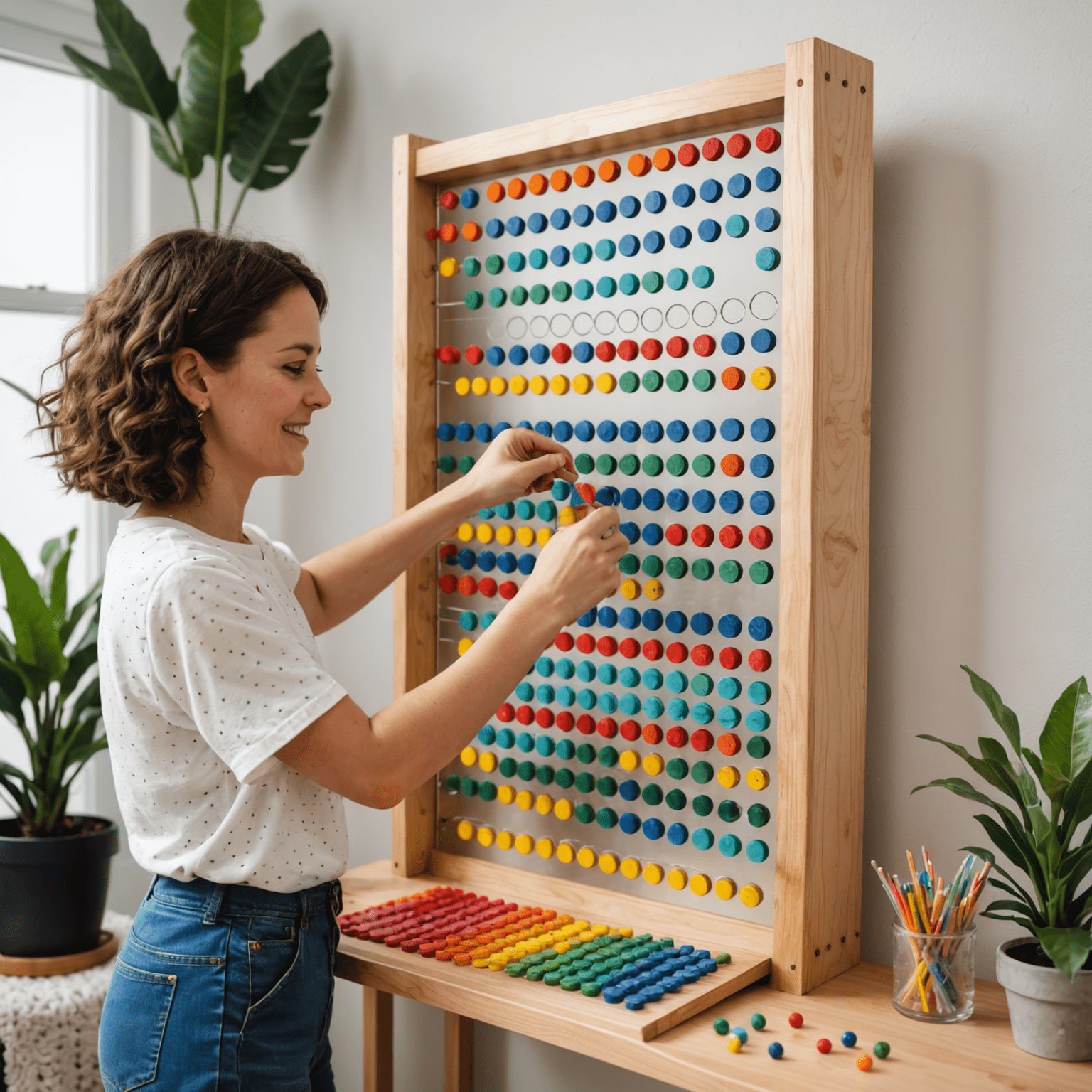 A DIY Plinko board made from pegboard with colorful pegs and a person adding the finishing touches