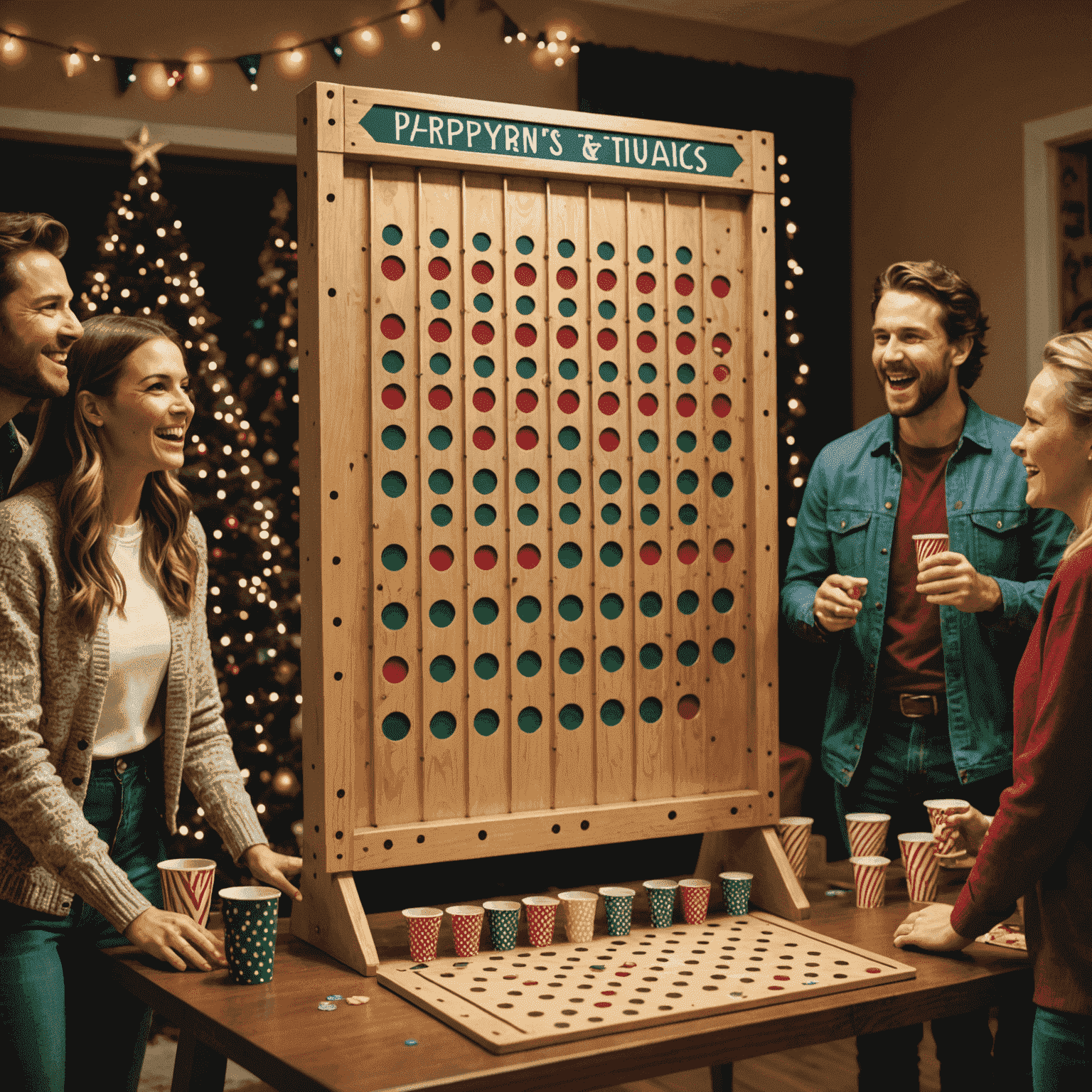 A festive scene with a homemade Plinko board surrounded by party decorations and excited players at a game night