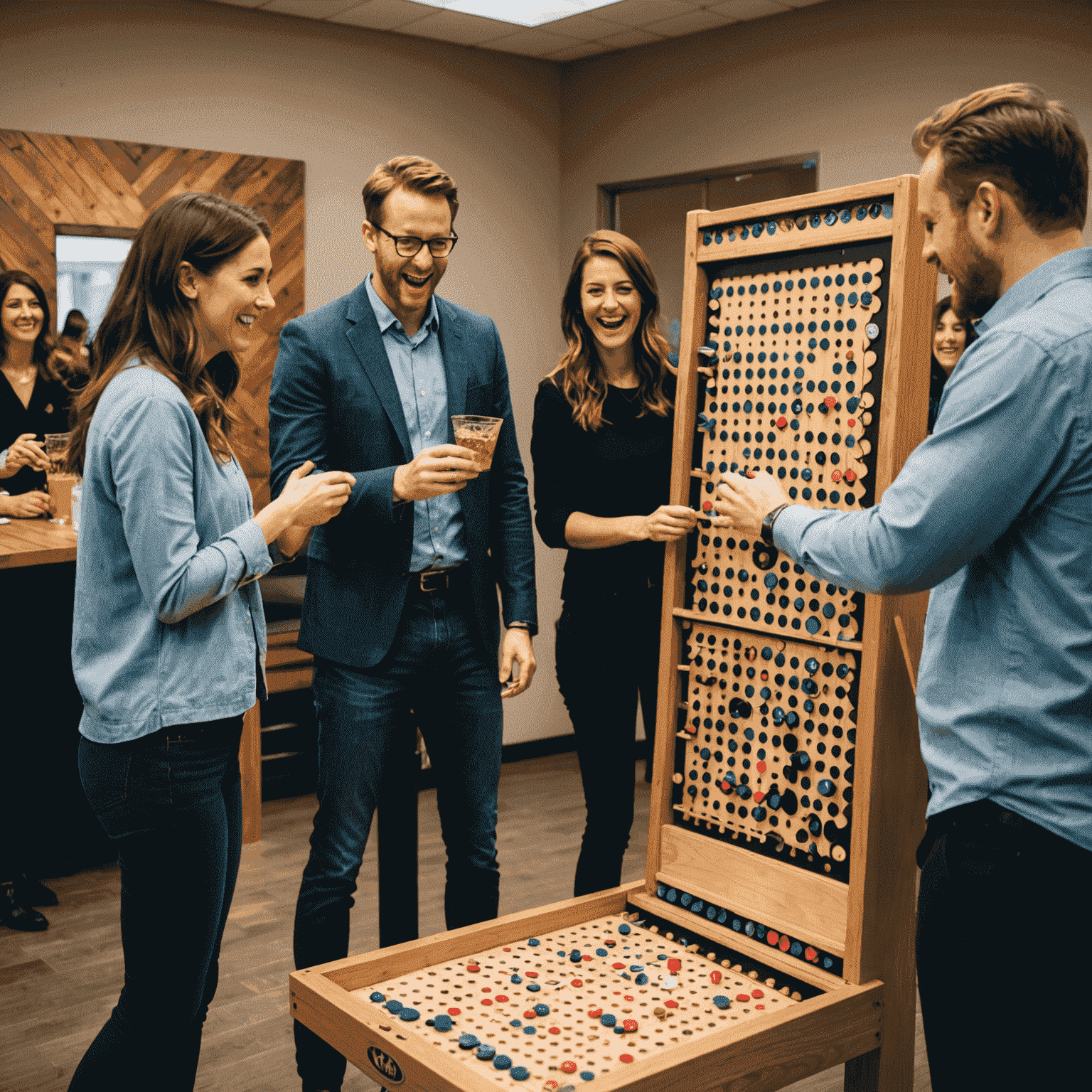 A group of people enjoying a Plinko game at an office party, showcasing the social and fun aspects of the game