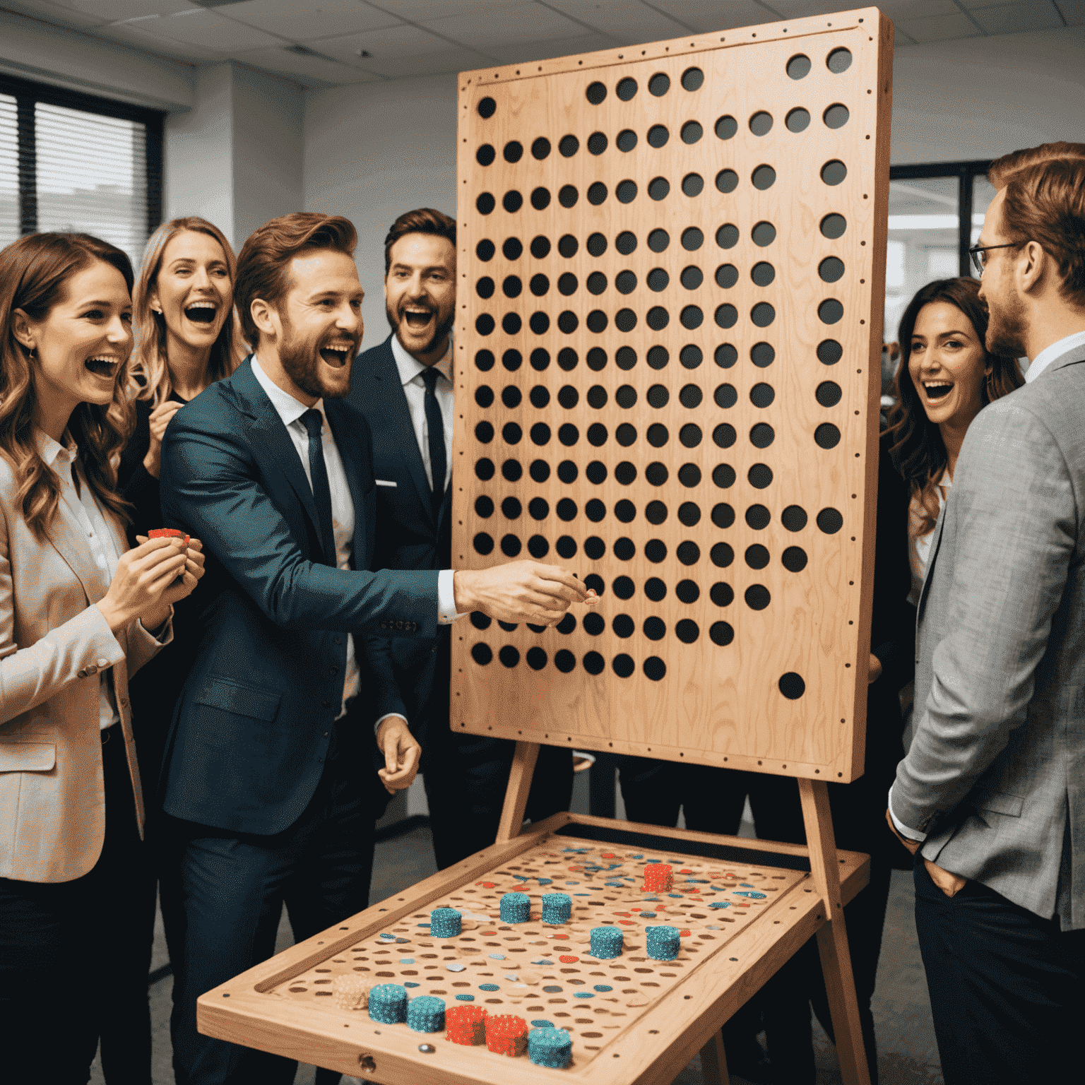 An office party scene with colleagues gathered around a large Plinko board, cheering as someone drops a chip