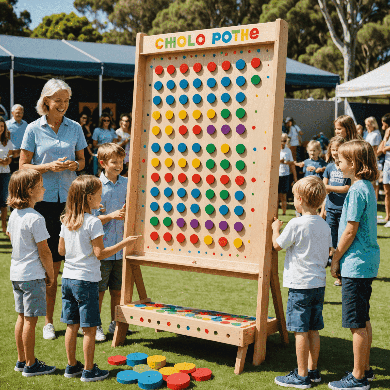 A school fete in Perth with families gathered around a colorful Plinko board, children excitedly dropping discs while parents cheer