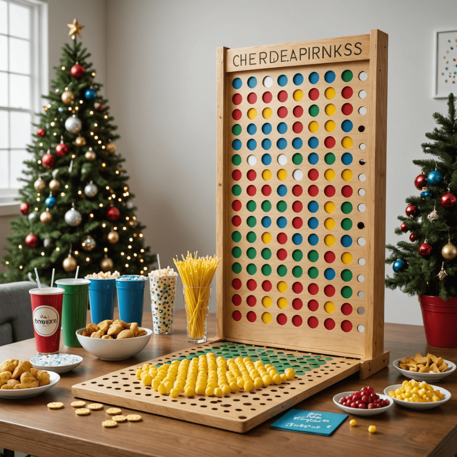 A festive scene with a homemade Plinko board surrounded by party decorations, snacks, and excited players in an office or home setting