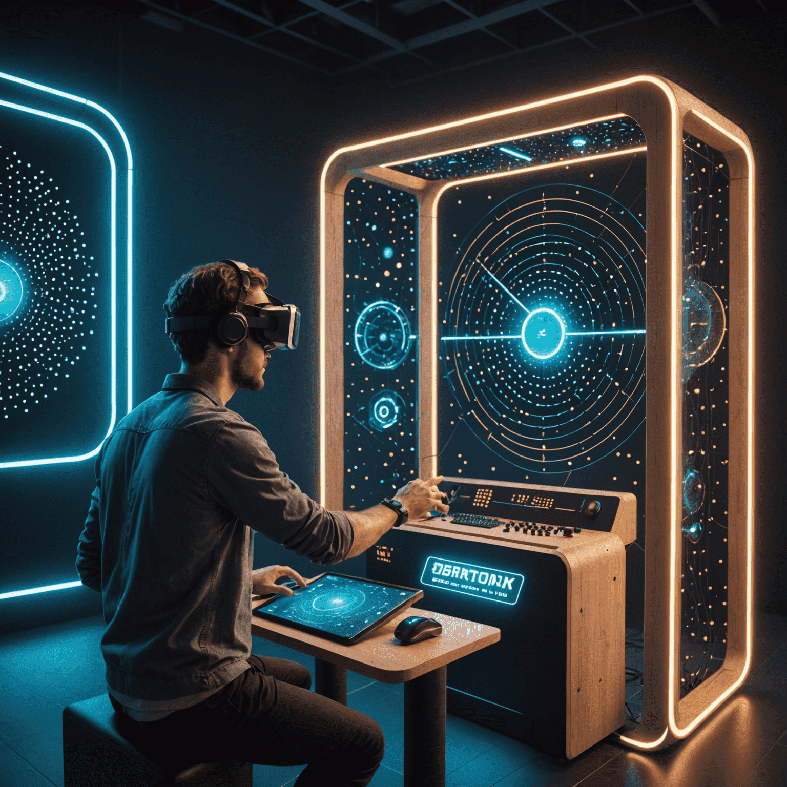 A futuristic VR setup showing a player interacting with a 3D Plinko board in a virtual environment